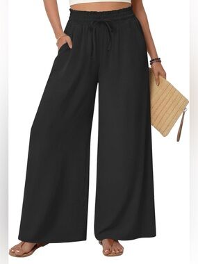 Wide Leg Drawstring Women's Pants - Black SMALL - Medium Fit